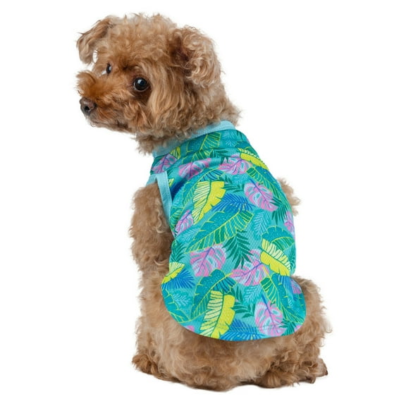 Vibrant Life Summer T-Shirt for Cats and Dogs, Tropical Leaves, Blue, XS