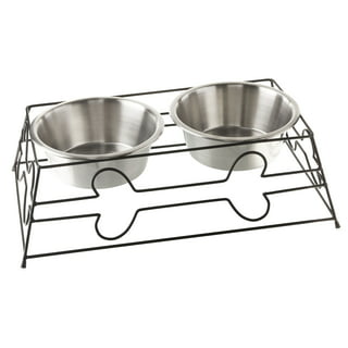 Elevated Dog Pet Bowl White Gold Stainless Steel