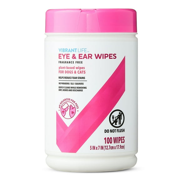Vibrant Life Eye & Ear Plant-Based Wipes for Dogs & Cats, Fragrance Free, 100 Wipes