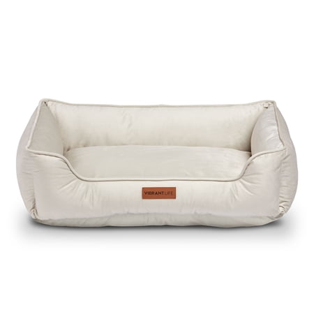 Vibrant Life Faux Velvet Box Dog Bed, Large, Beige, 27" x 37"