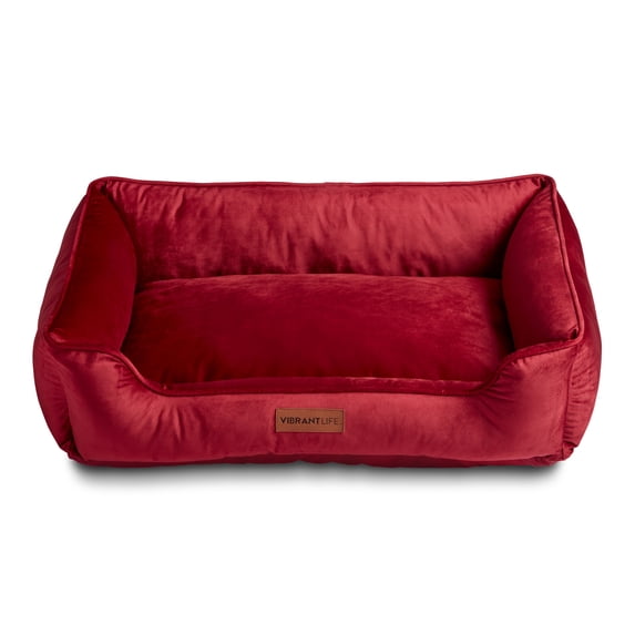 Vibrant Life Faux Velvet Box Dog Bed, Large, Red, 27" x 37"