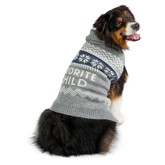 Vibrant Life Holiday Hooded Pet Sweater for Dogs, Favorite Child, Gray, Large
