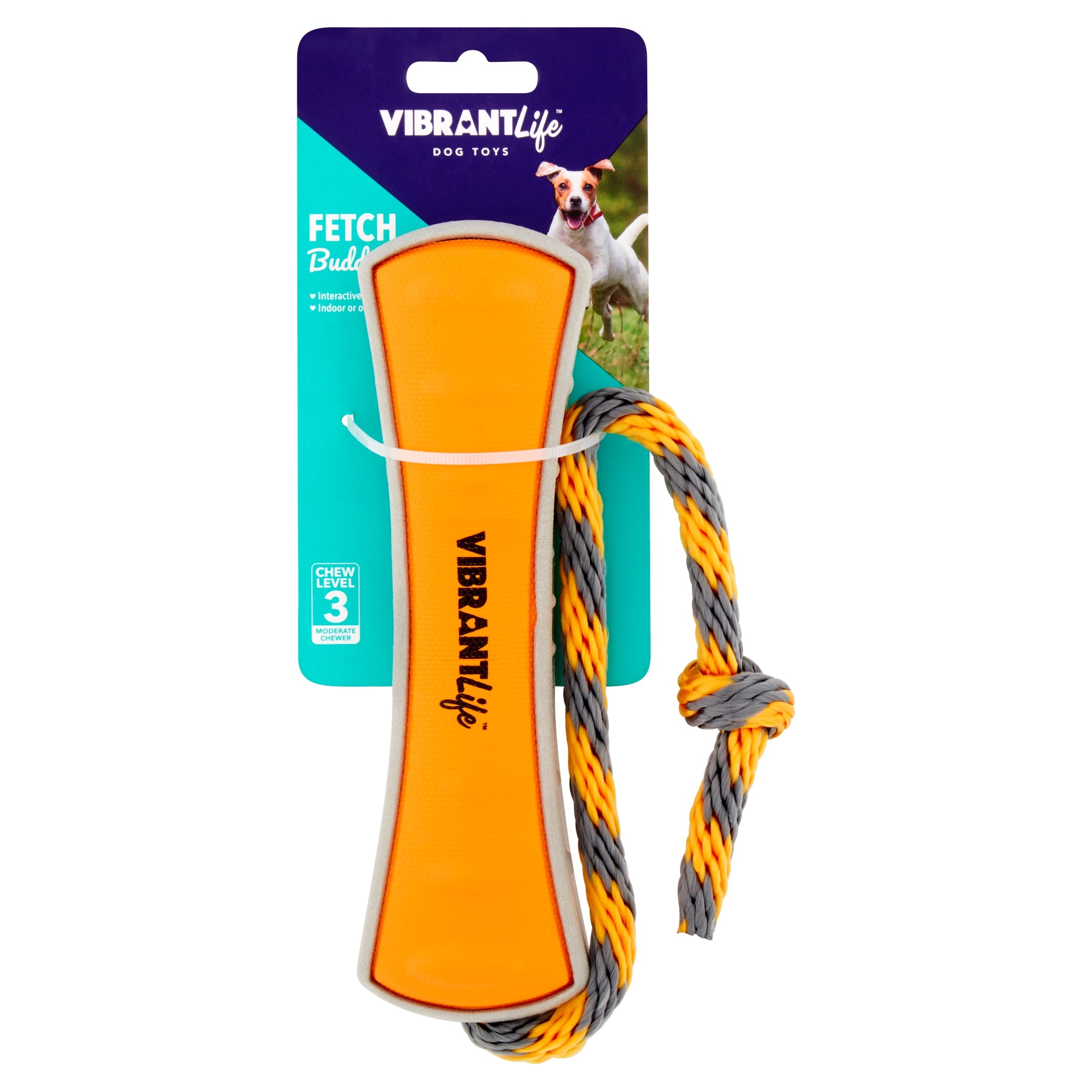 Vibrant Life Fetch Buddy Stick and Rope Interactive Dog Toy, Color May Vary, Chew Level 3