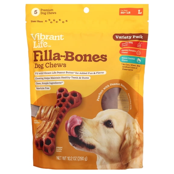 Vibrant Life Smoky BBQ/Savory Pumpkin/Sweet Coconut Filla-Bones Variety Pack Chews for Large Dogs, 5 Count