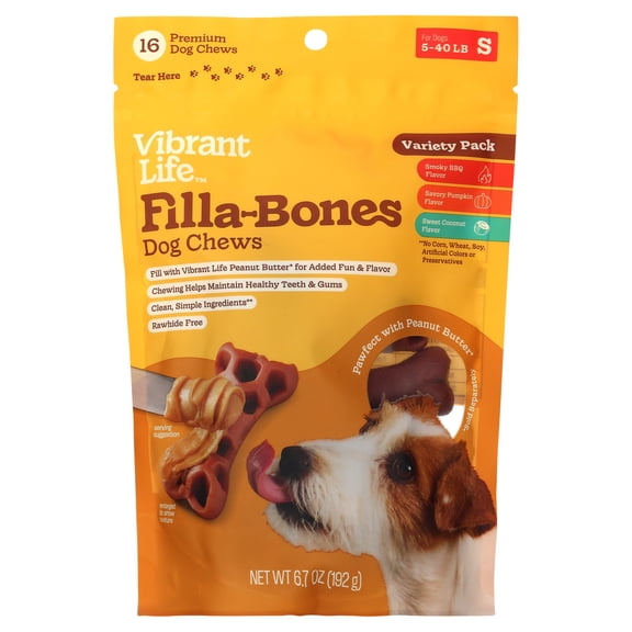 Vibrant Life Smoky BBQ/Savory Pumpkin/Sweet Coconut Filla-Bones Variety Pack Chews for Small Dogs, 16 Count