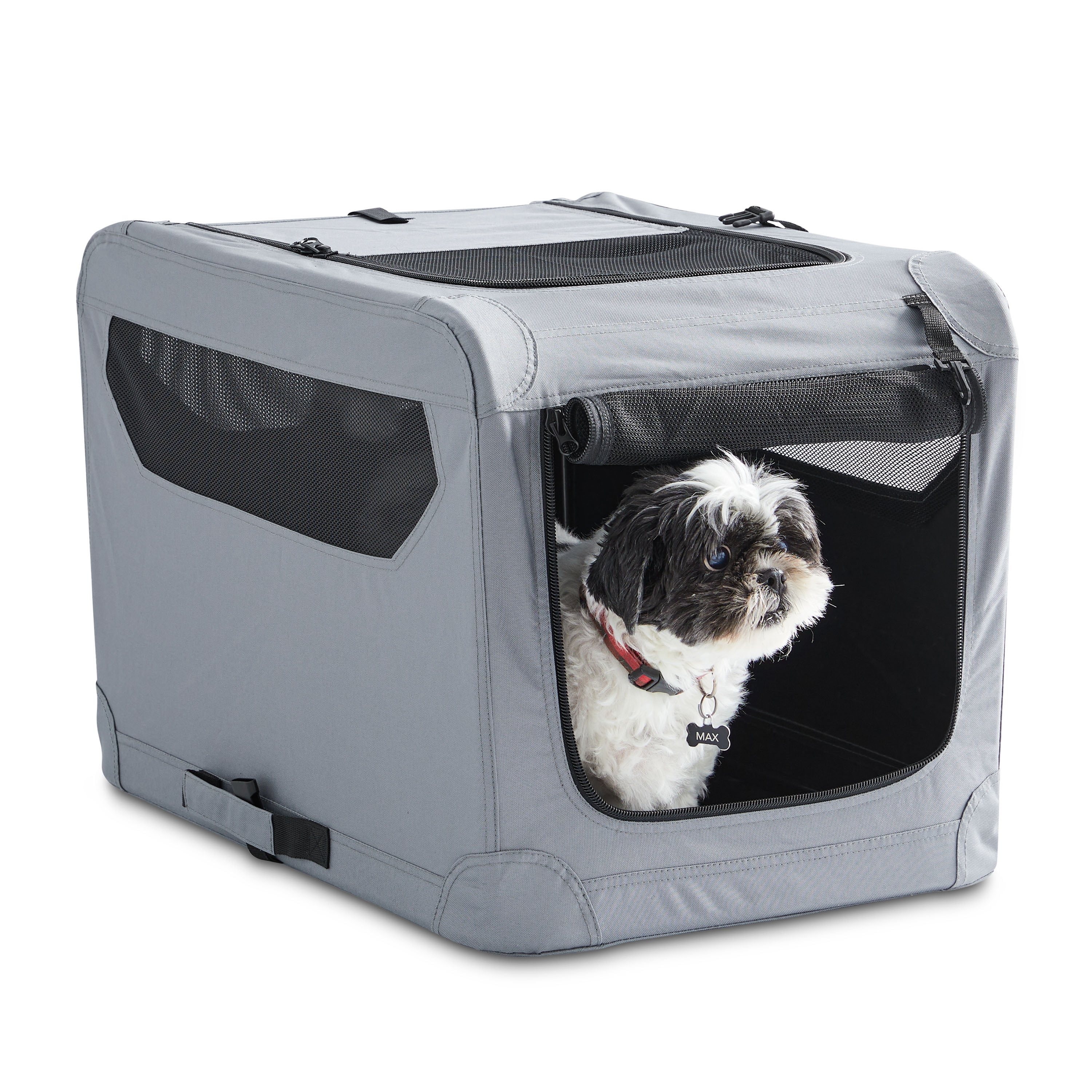 Vibrant Life Folding Soft Dog Crate, 3-Door Pet Kennel, 26", Gray