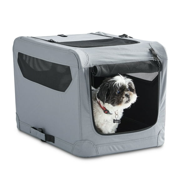 Vibrant Life Folding Soft Dog Crate, 3-Door Pet Kennel, 26", Gray