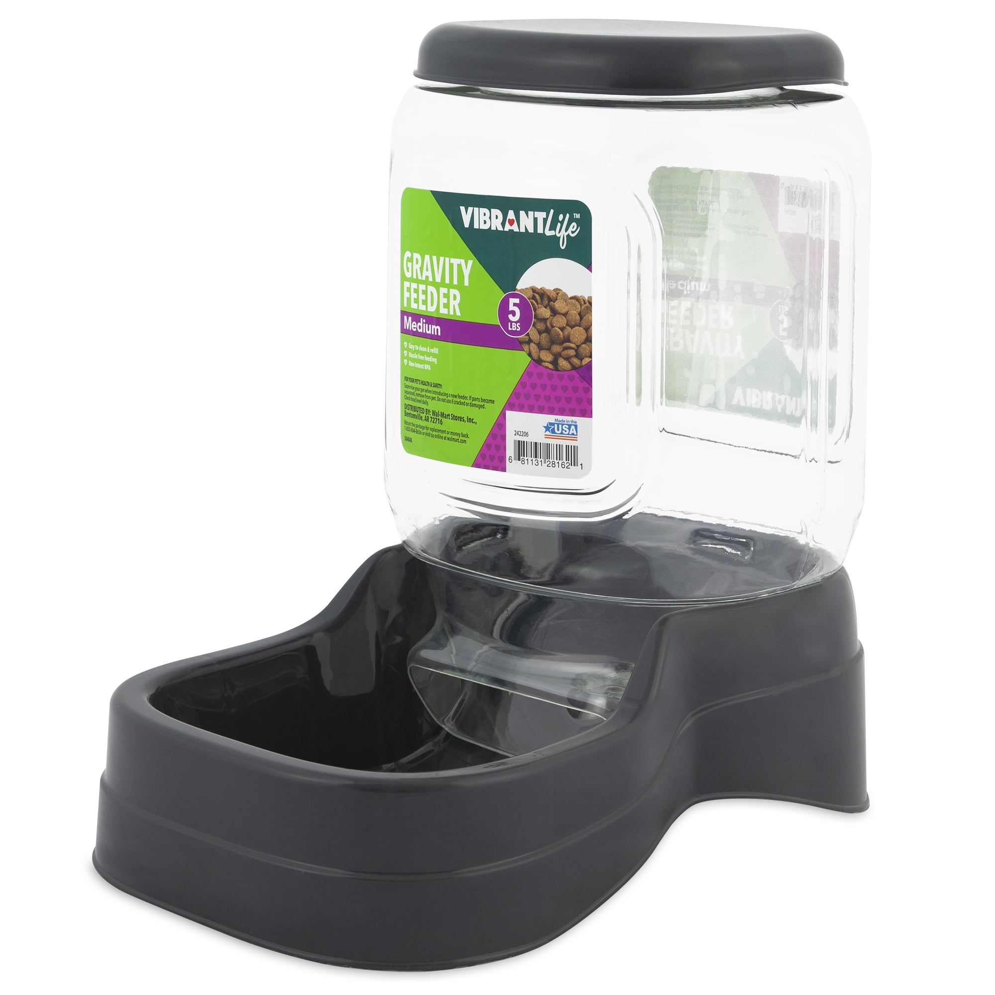 Vibrant Life Medium Gravity Pet Feeder - Dark Gray Base & Clear Bottle - 5 lb