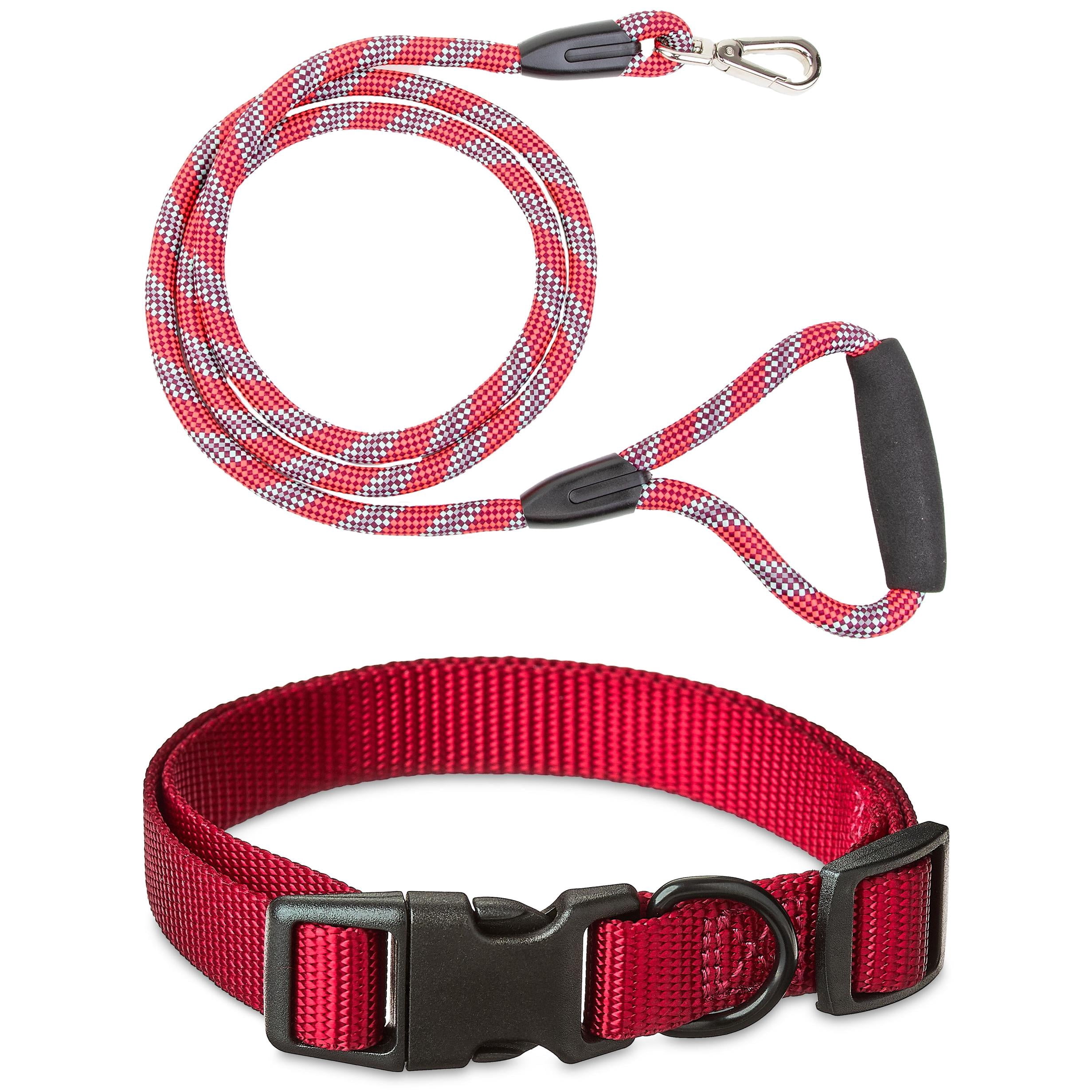 Vibrant Life Heavy Duty Reflective Rope Dog 6ft Leash with adjustable Polyester Dog Collar, Red, Medium
