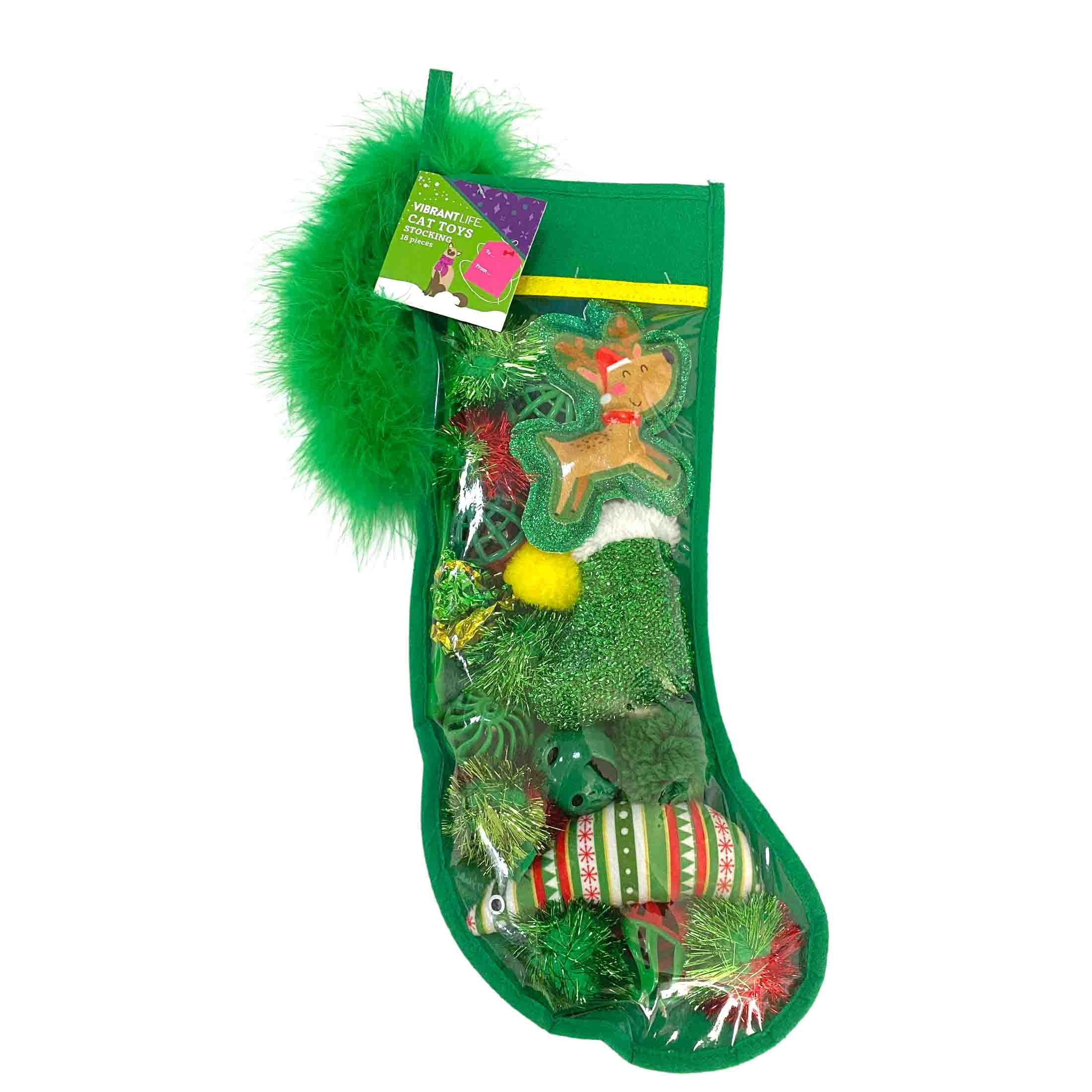 Vibrant Life Holiday 18 Piece Cat Toy Stocking Gift Set Green