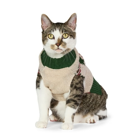Vibrant Life Holiday Truck Hooded Dog & Cat Sweater, Beige & Green, Extra Small