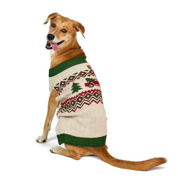 Vibrant Life Holiday Truck Hooded Dog Sweater, Beige & Green, Large