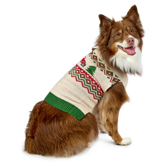 Vibrant Life Holiday Truck Hooded Dog Sweater, Beige & Green, Medium