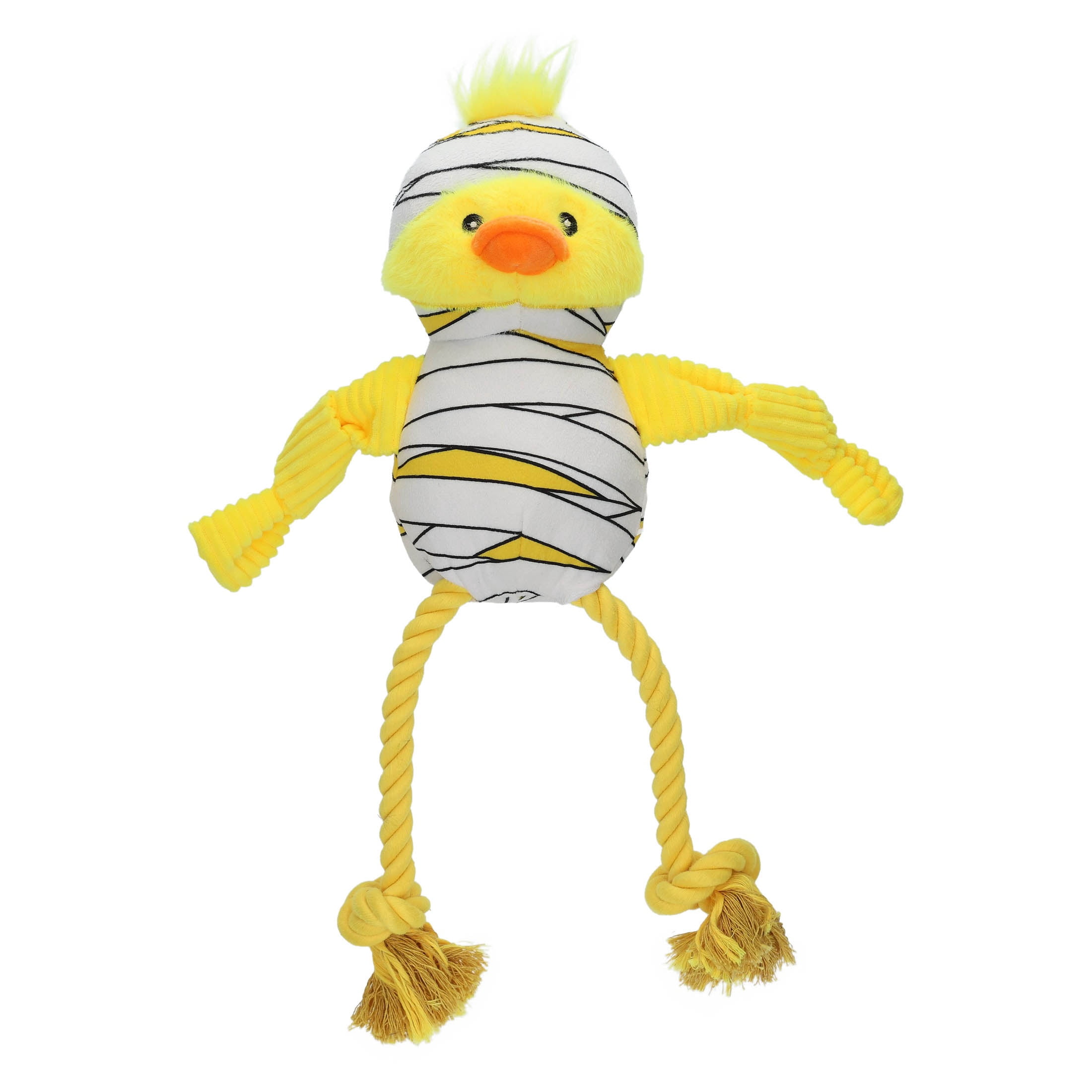 Vibrant Life Halloween Yellow and White Mummy McQuack Duck Plush Dog Toy with Ropes and Squeaker, Chew Level 2