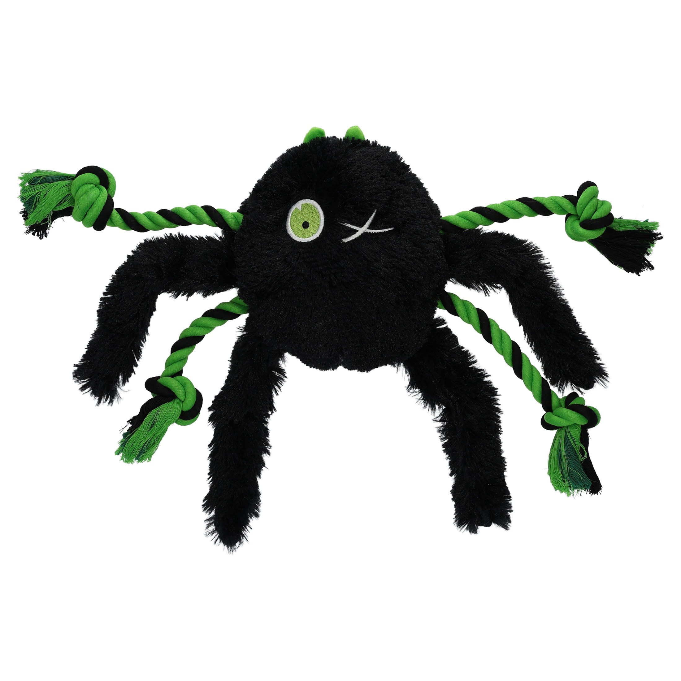 Vibrant Life Halloween Black and Green Creepy Crawla Spider Plush Dog Toy with Ropes, Chew Level 2
