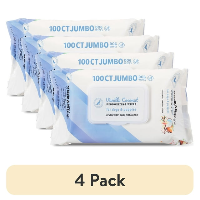 (4 pack) Vibrant Life Jumbo Deodorizing Wipes for Dogs & Puppies