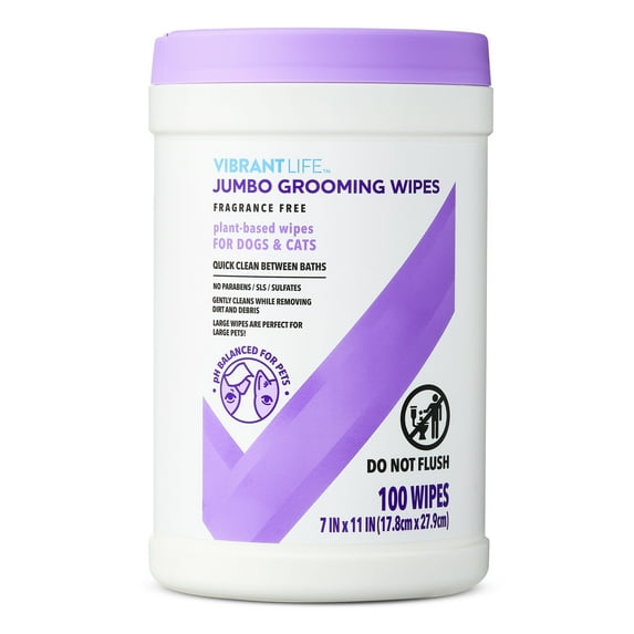 Vibrant Life Jumbo Grooming Wipes for Dogs & Cats, Fragrance Free, 100 Wipes