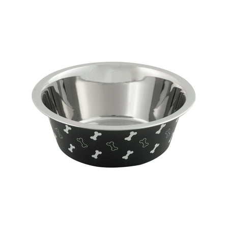 Vibrant Life Large Stainless Steel Dog Bowl, Black with Bones, 48 Fluid Ounces