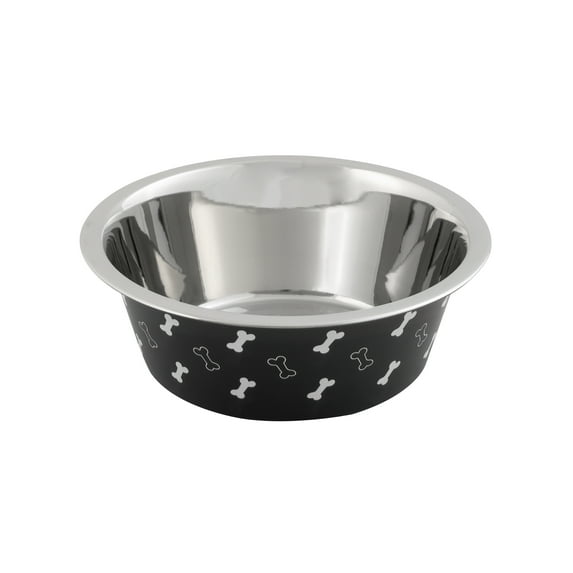 Vibrant Life Large Stainless Steel Dog Bowl, Black with Bones, 48 Fluid Ounces