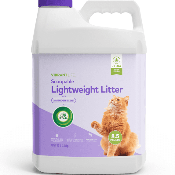 Vibrant Life Lightweight Air Wick Lavender Oil Scented Clumping Cat Litter with Activated Carbon 21 Days Odor Control, 8.5 lb Jug