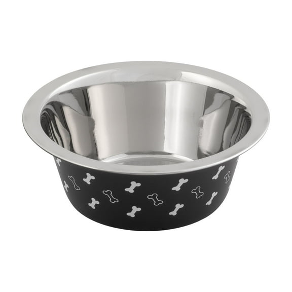 Vibrant Life Medium Stainless Steel Dog Bowl, Black with Bones, 25.75 Fluid Ounces