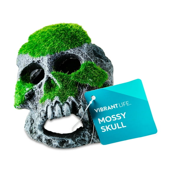 Vibrant Life Mossy Skull Polyresin Aquarium Decor, 5" Long