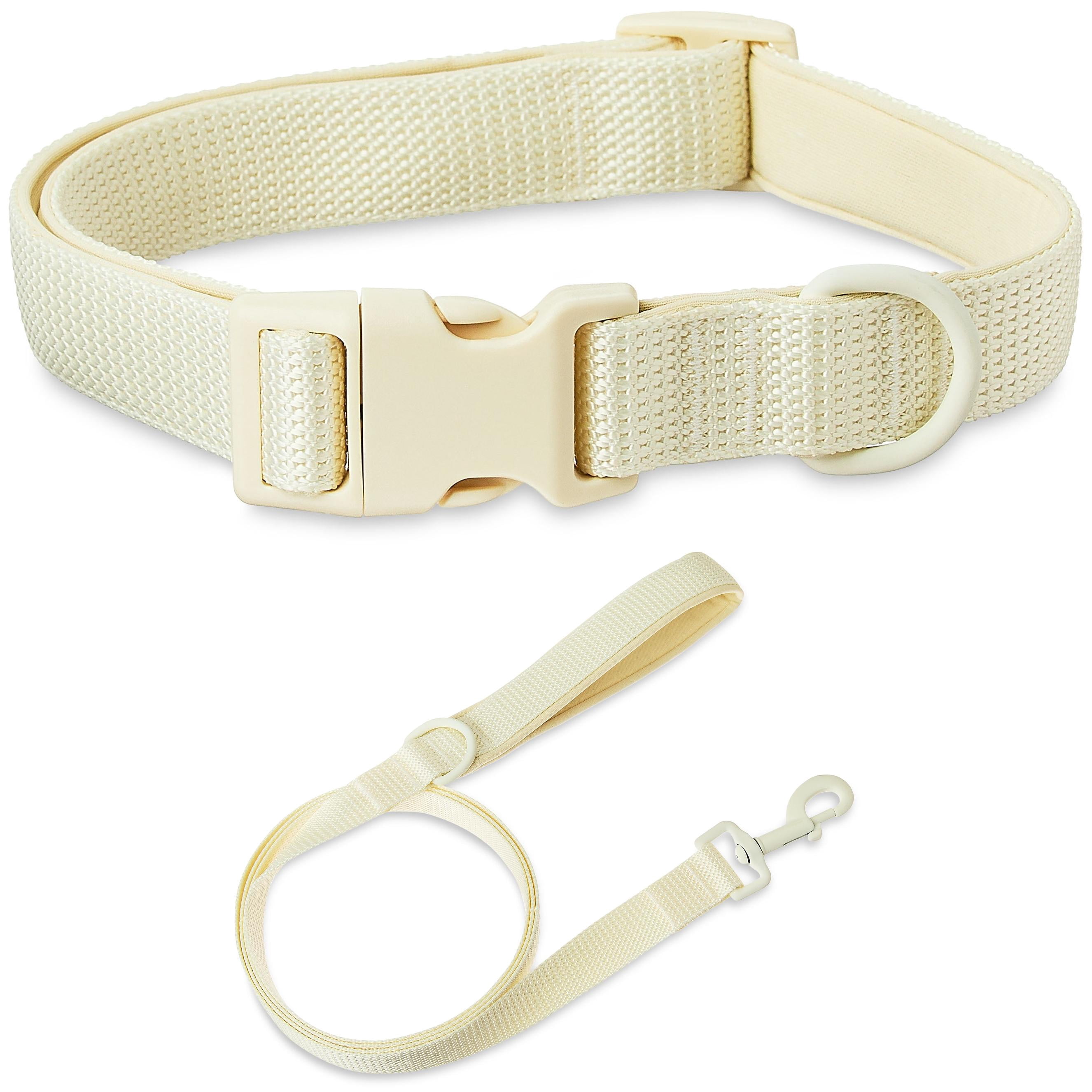 Vibrant Life Neoprene Cushioned Adjustable Dog Collar Large and 6ft Leash, Cream, Collar Large