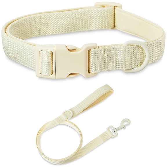 Vibrant Life Neoprene Cushioned Adjustable Dog Collar Large and 6ft Leash, Cream, Collar Large