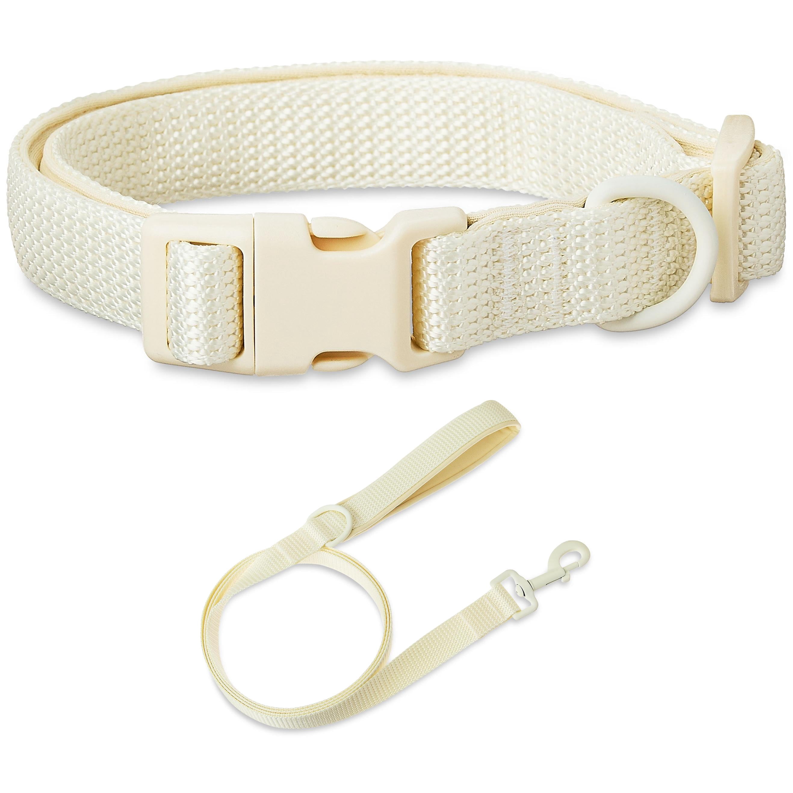 Vibrant Life Neoprene Cushioned Adjustable Dog Collar Medium and 6ft Leash, Cream, Collar Medium