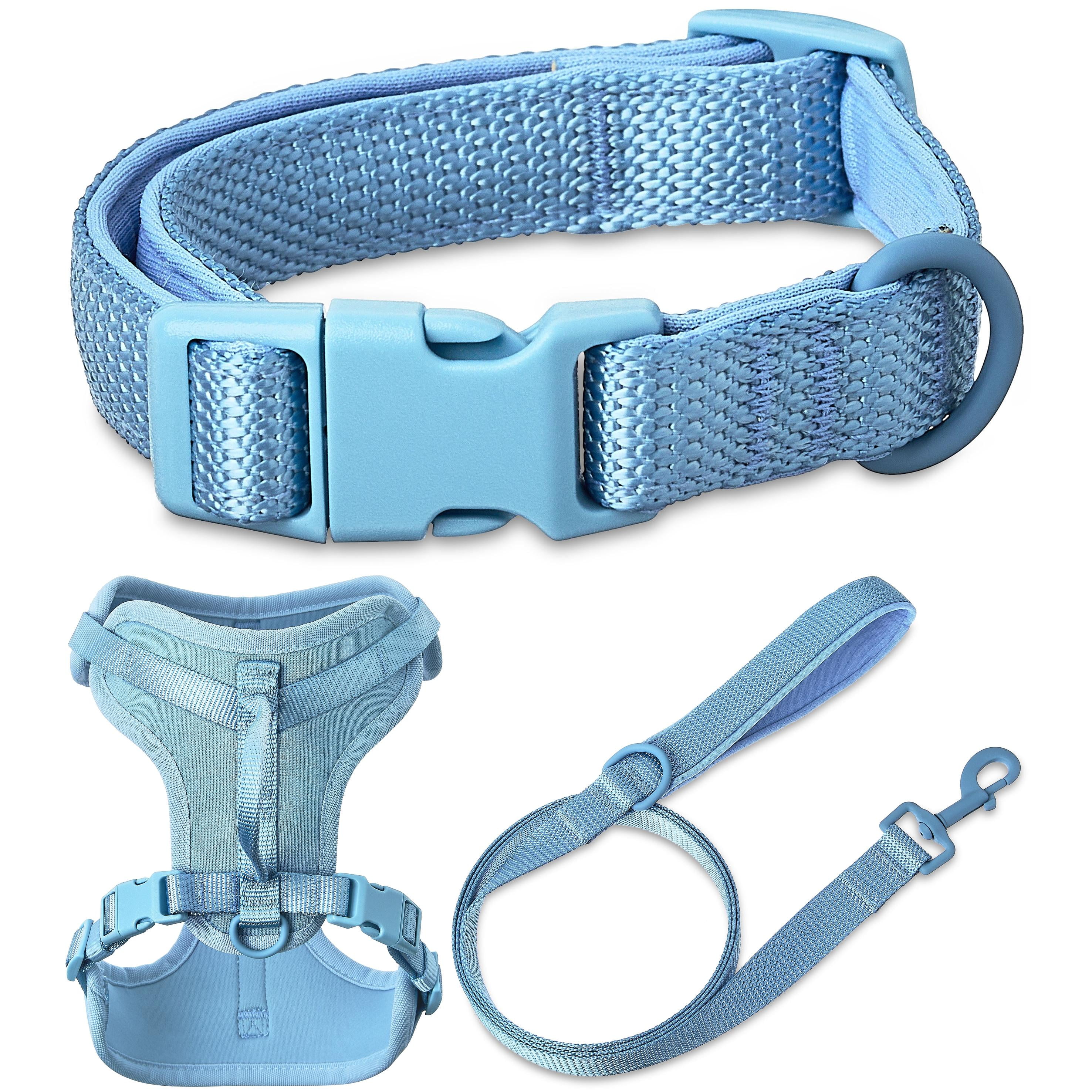 Vibrant Life Neoprene Cushioned Soft Blue Dog Walking Set, Adjustable Small Dog Collar and Harness with 6ft Leash