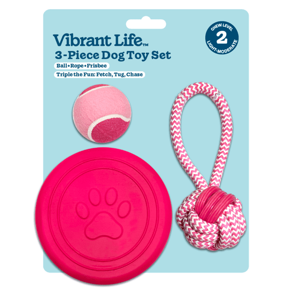 Vibrant Life Pink and White Ball, Rope, and Flying Disc Dog Toy Set, 3 Pieces, Chew Level 2