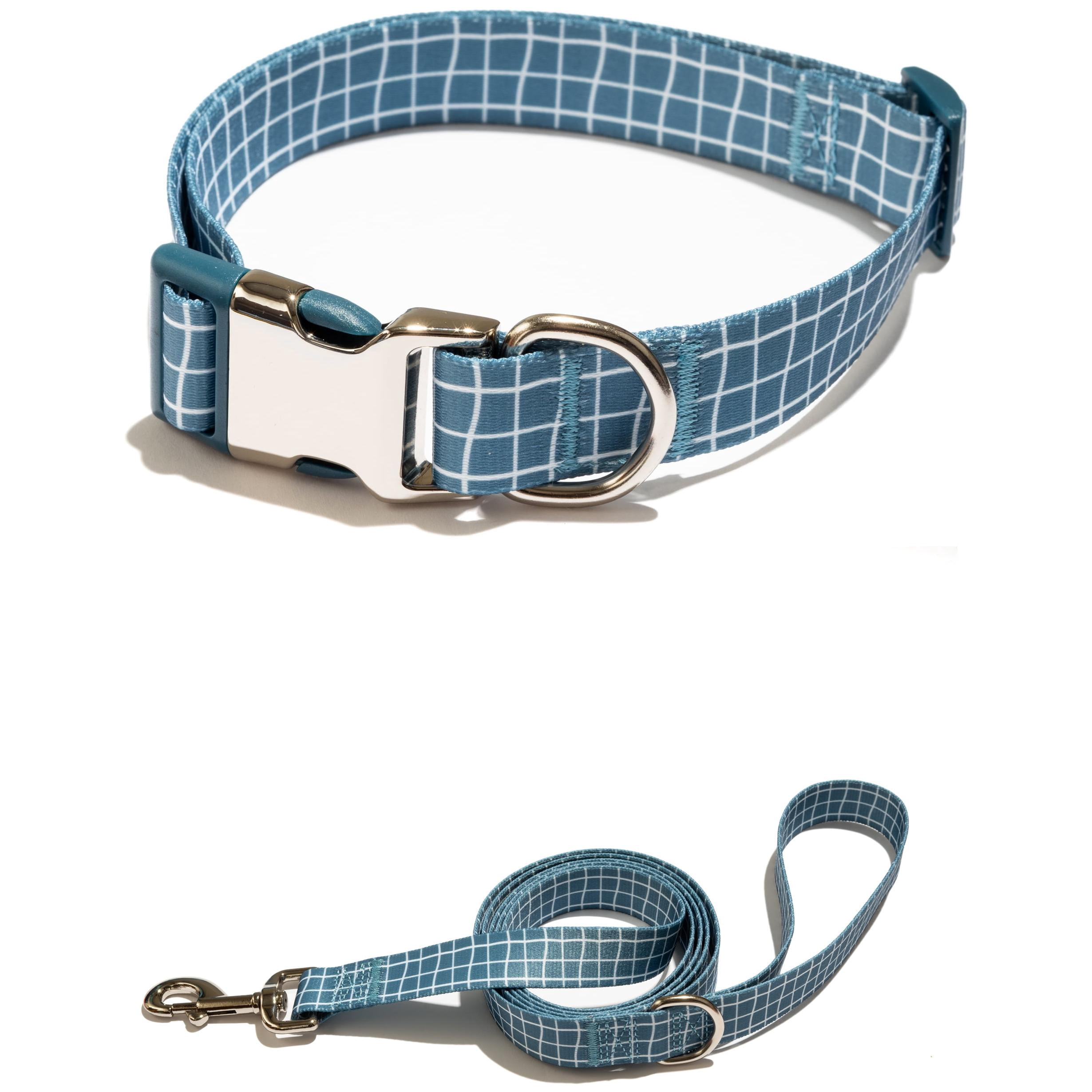 Vibrant Life Plaid Print Fashion Dog Collar with Metal Buckle and 6ft leash, Blue, Small