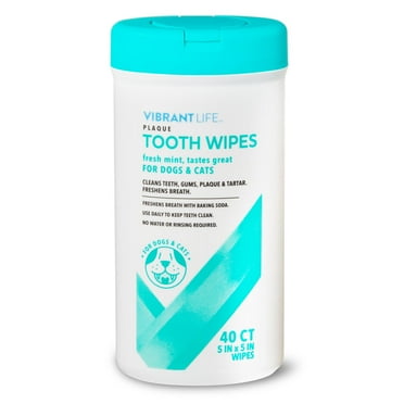 Vibrant Life Plaque Tooth Wipes for Cats & Dogs, 40 Count for Cleaning Your Pets Teeth.