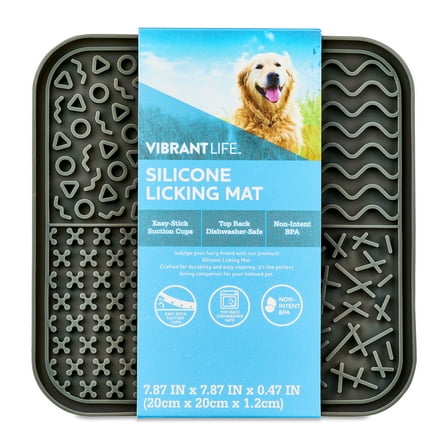 Vibrant Life Silicone Slow Feeder Pet Lick Mat, Gray, 8" x 8"