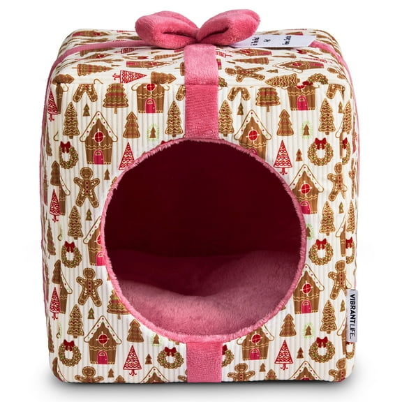 Vibrant Life Small Holiday Hideaway Dog Bed, Cat Bed Gingerbread Present
