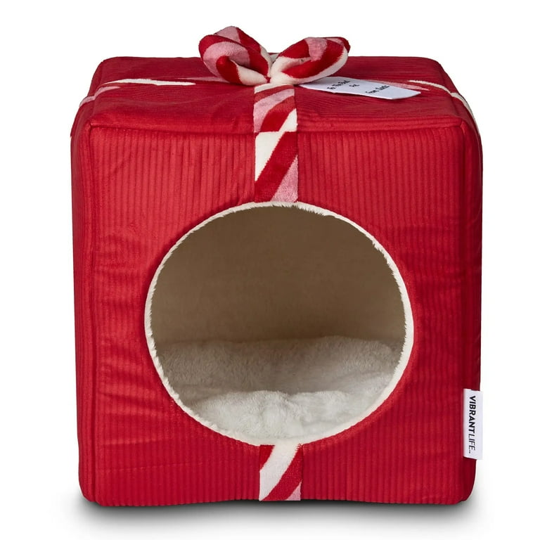 Vibrant Life Small Holiday Hideaway Dog Bed, Cat Bed, Red Present
