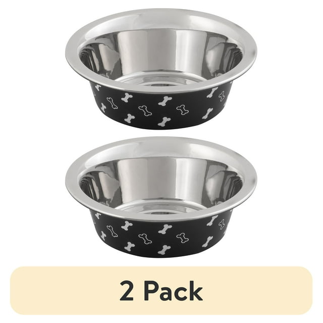 (2 pack) Vibrant Life Small Stainless Steel Dog Bowl, Black with Bones, 10.82 Fluid Ounces