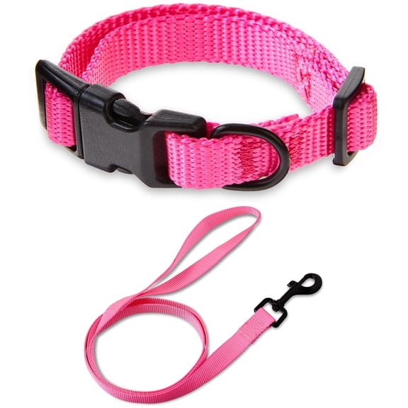 Vibrant Life Solid Polyester Adjustable Dog Collar, with 4ft Dog Leash, Pink, Extra Small