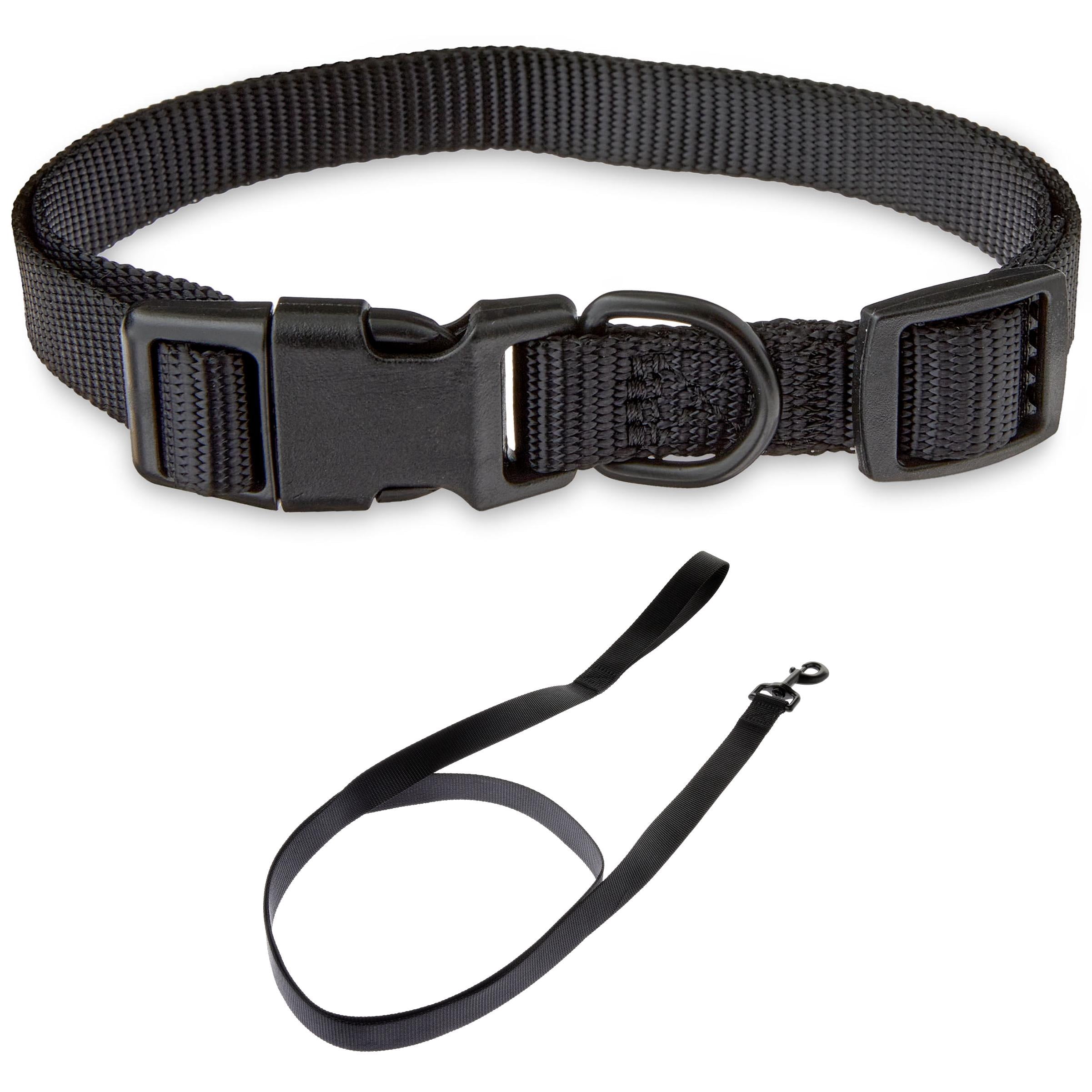 Vibrant Life Solid Polyester Adjustable Dog Collar, with 6ft Dog Leash, Black, Medium