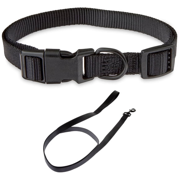 Vibrant Life Solid Polyester Adjustable Dog Collar, with 6ft Dog Leash, Black, Medium