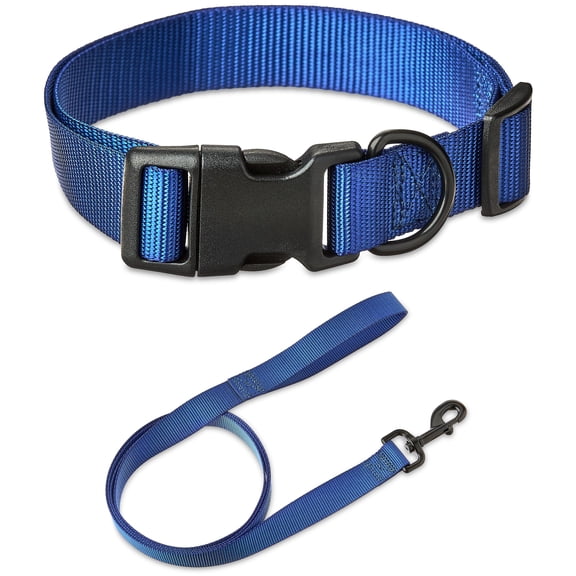 Vibrant Life Solid Polyester Adjustable Dog Collar, with 6ft Dog Leash, Blue, Large