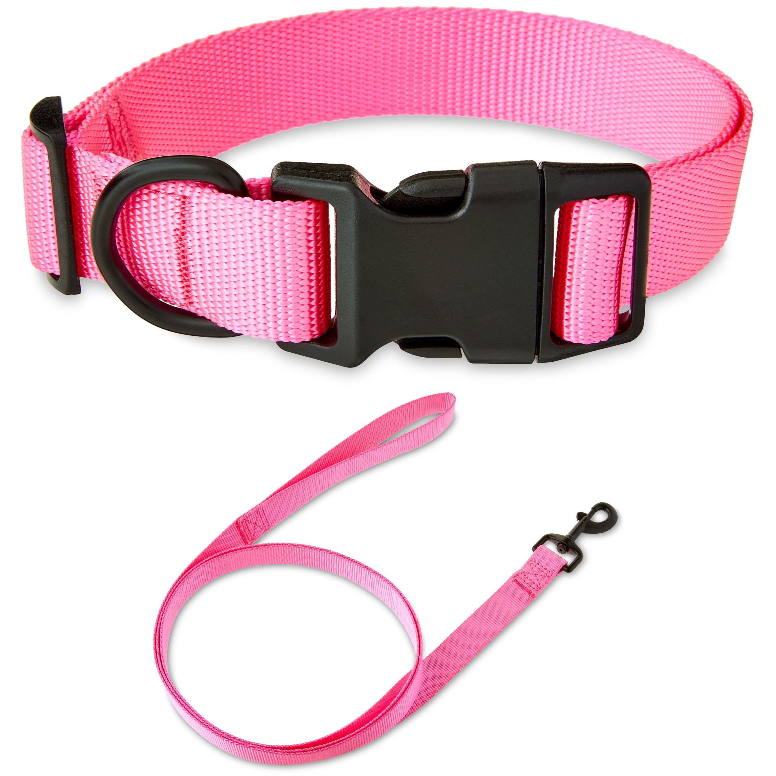 Vibrant Life Solid Polyester Adjustable Dog Collar, with 6ft Dog Leash, Pink, Large