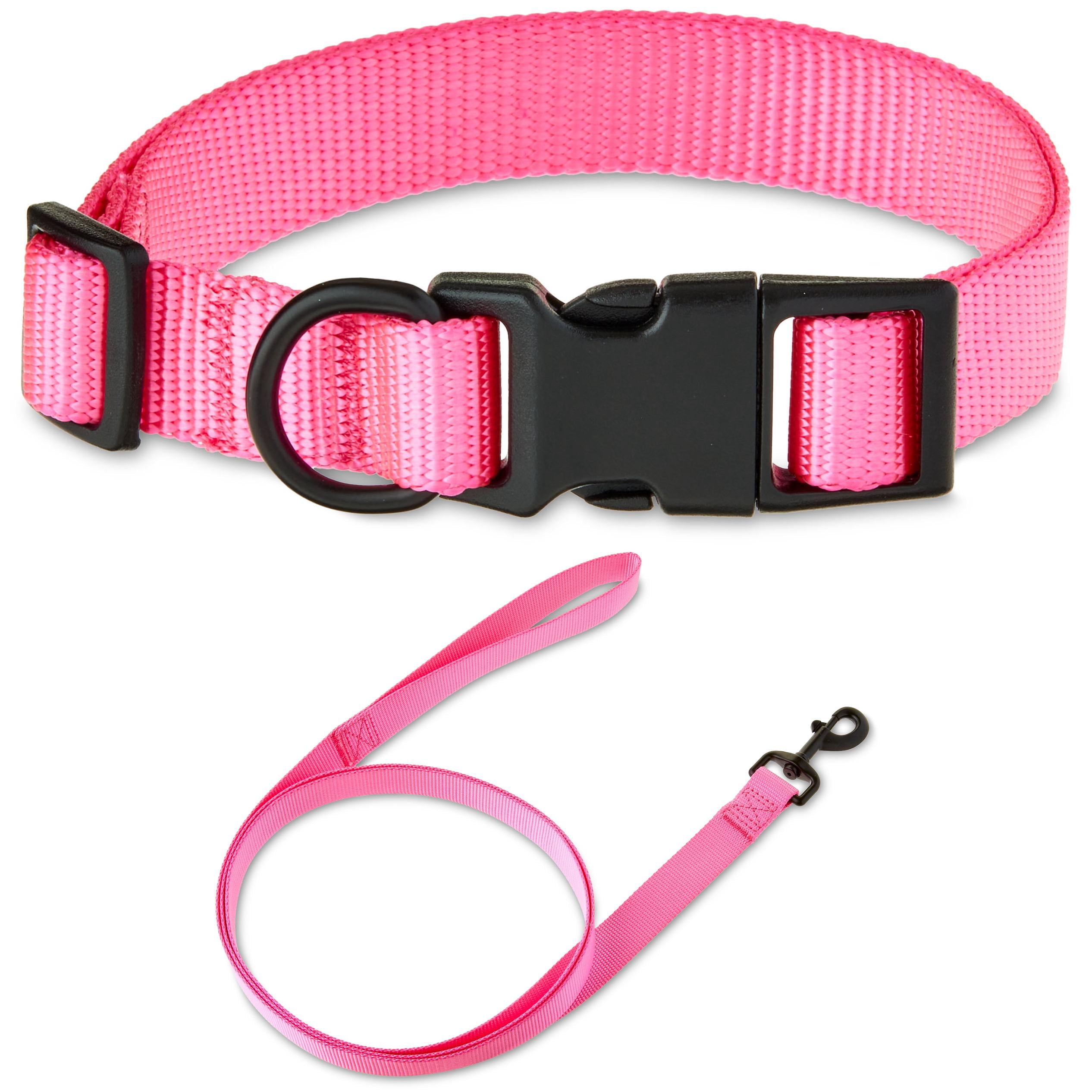 Vibrant Life Solid Polyester Adjustable Dog Collar, with 6ft Dog Leash, Pink, Medium