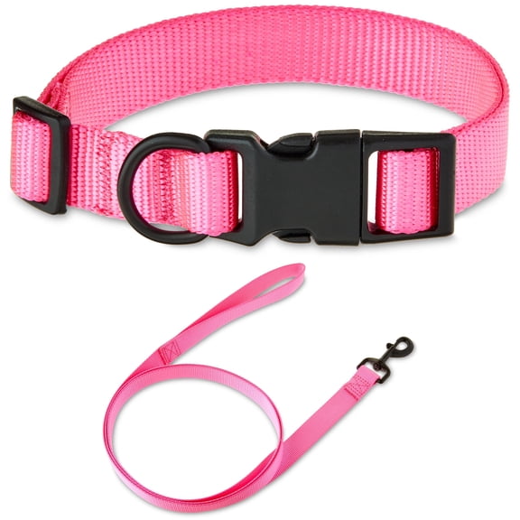 Vibrant Life Solid Polyester Adjustable Dog Collar, with 6ft Dog Leash, Pink, Medium