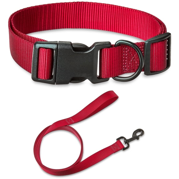 Vibrant Life Solid Polyester Adjustable Dog Collar, with 6ft Dog Leash, Red, Large
