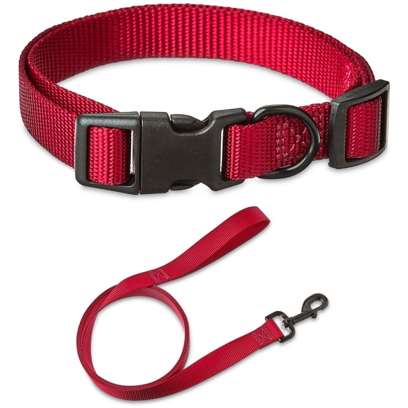 Vibrant Life Solid Polyester Adjustable Dog Collar, with 6ft Dog Leash, Red, Medium