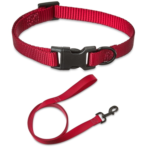Vibrant Life Solid Polyester Adjustable Dog Collar, with 6ft Dog Leash, Red, Small