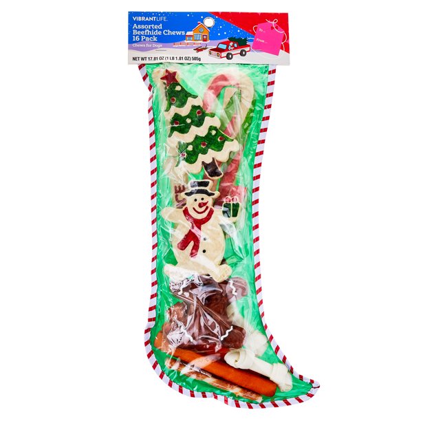 Vibrant Life Stocking with Assorted Rawhide Chews, Holiday Treats for