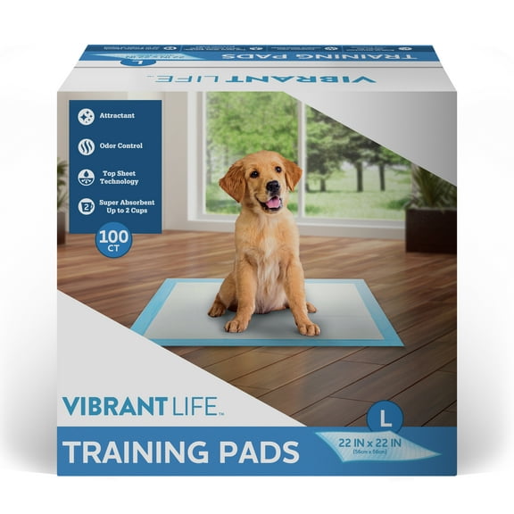 Vibrant Life Training Pads – Super Absorbent, Leak Proof, & Fast Dry Dog and Puppy Pee Pads – L 22 in x 22 in, 100 Count