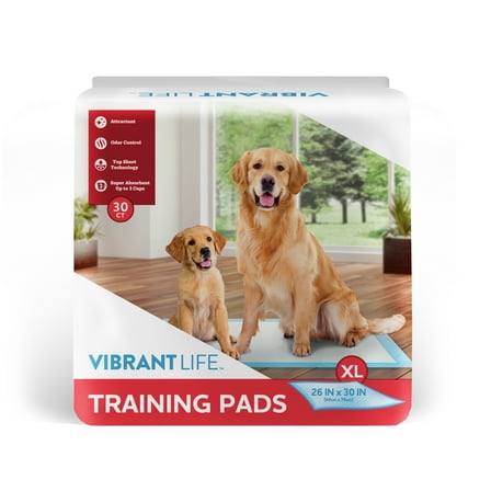 Vibrant Life Training Pads – Super Absorbent, Leak Proof, & Fast Dry Dog and Puppy Pee Pads – XL 26 in x 30 in, 30 Count